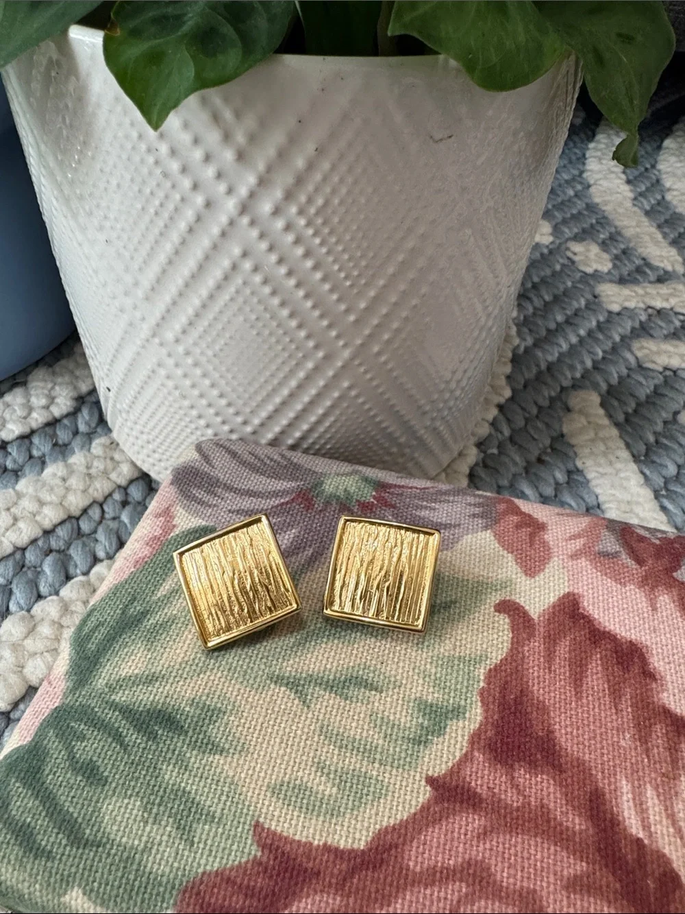 Vintage Monet Gold Tone Square Clip On Earrings Textured Geometric